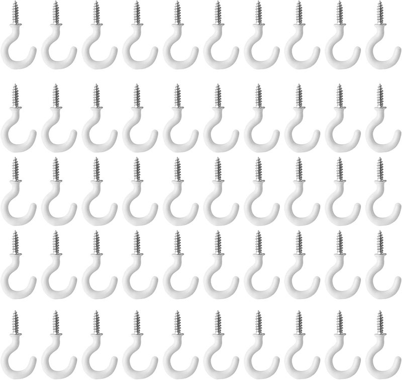 Jamiikury 50Pcs White Mini Cup Hooks, 3/4 Inch Metal Screw-in Vinyl Coated Hooks for Decorative Craft Hanging - Image 1